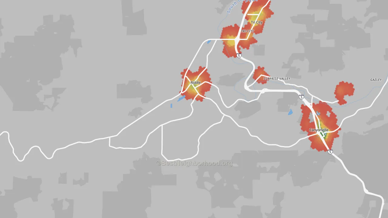 Walk Grade map of 97469, OR, walkable areas in green and car-dependent areas in red