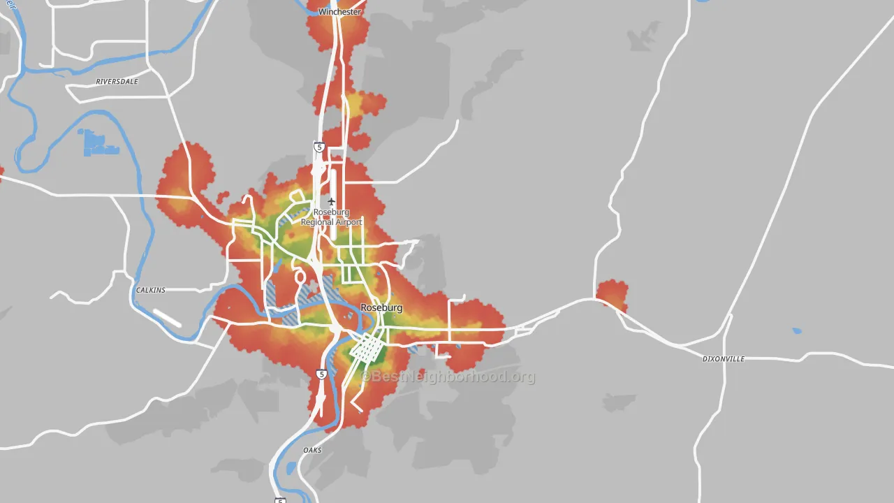 Walk Grade map of 97470, OR, walkable areas in green and car-dependent areas in red