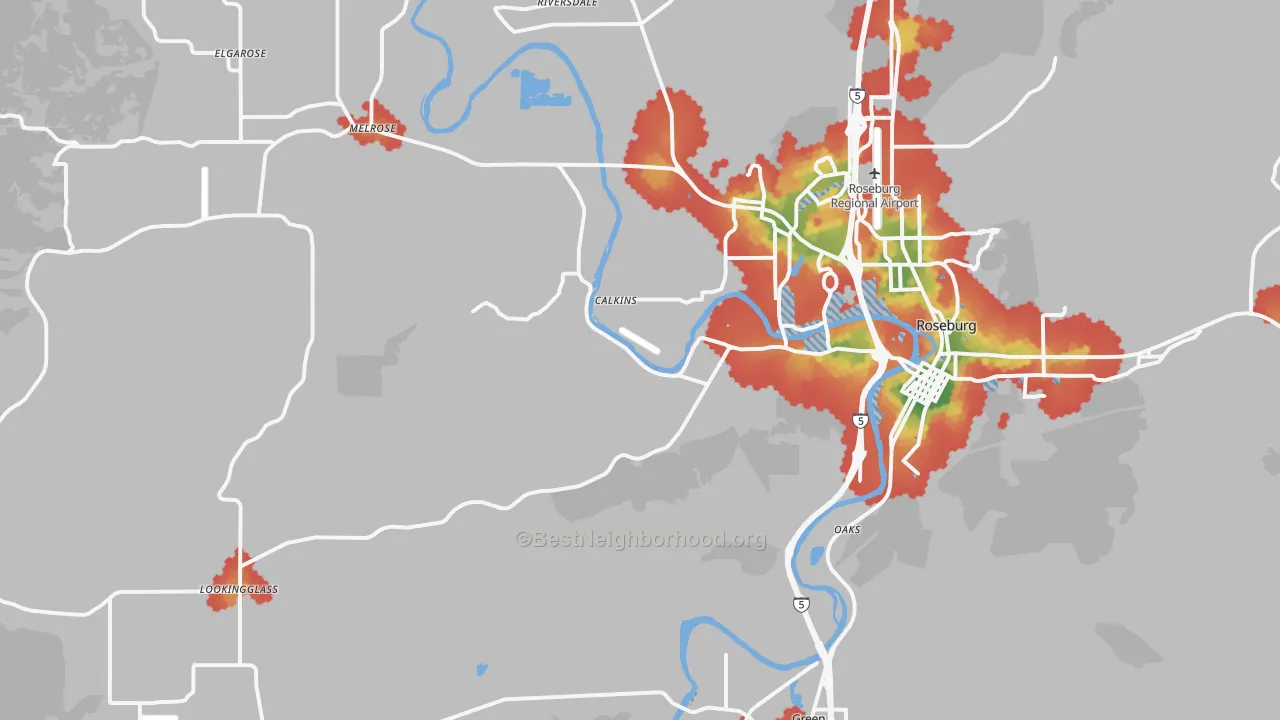 Walk Grade map of 97471, OR, walkable areas in green and car-dependent areas in red