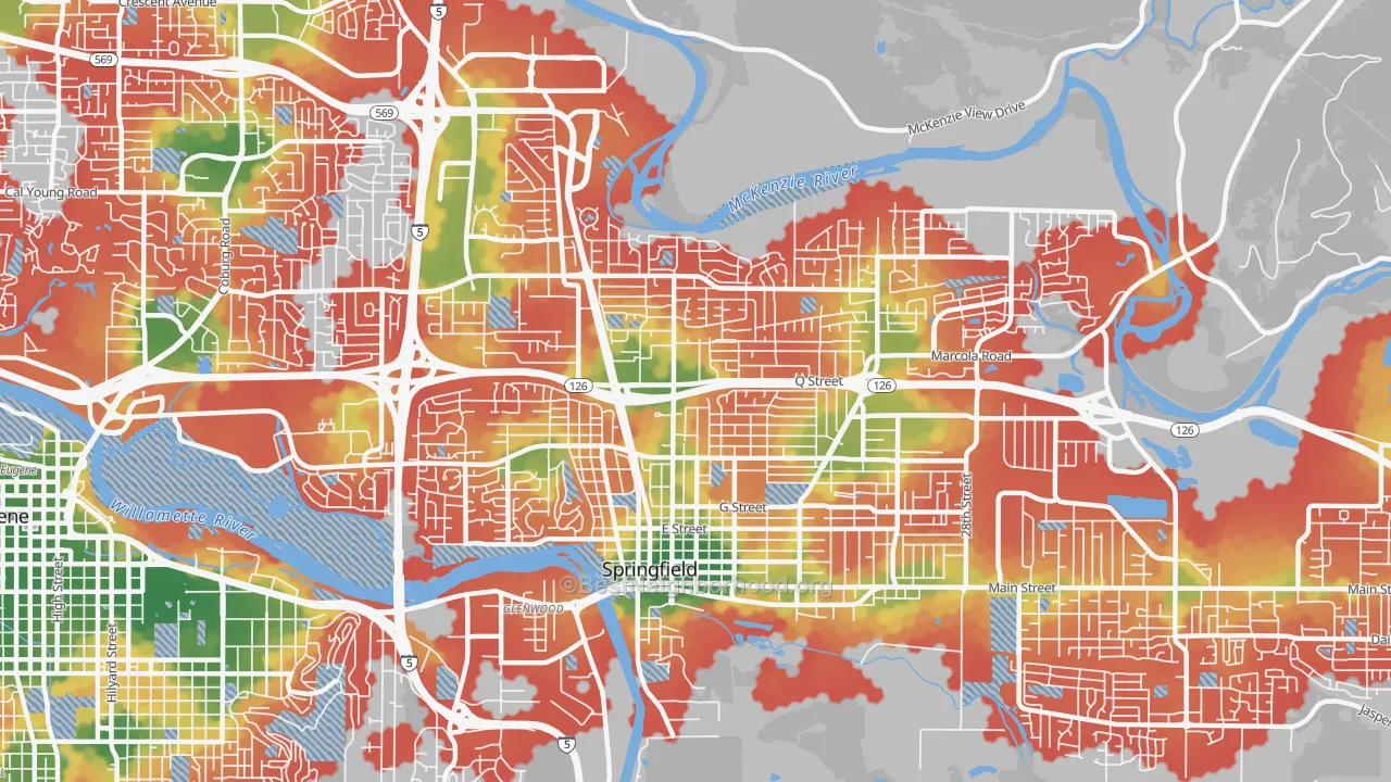 Walk Grade map of 97477, OR, walkable areas in green and car-dependent areas in red