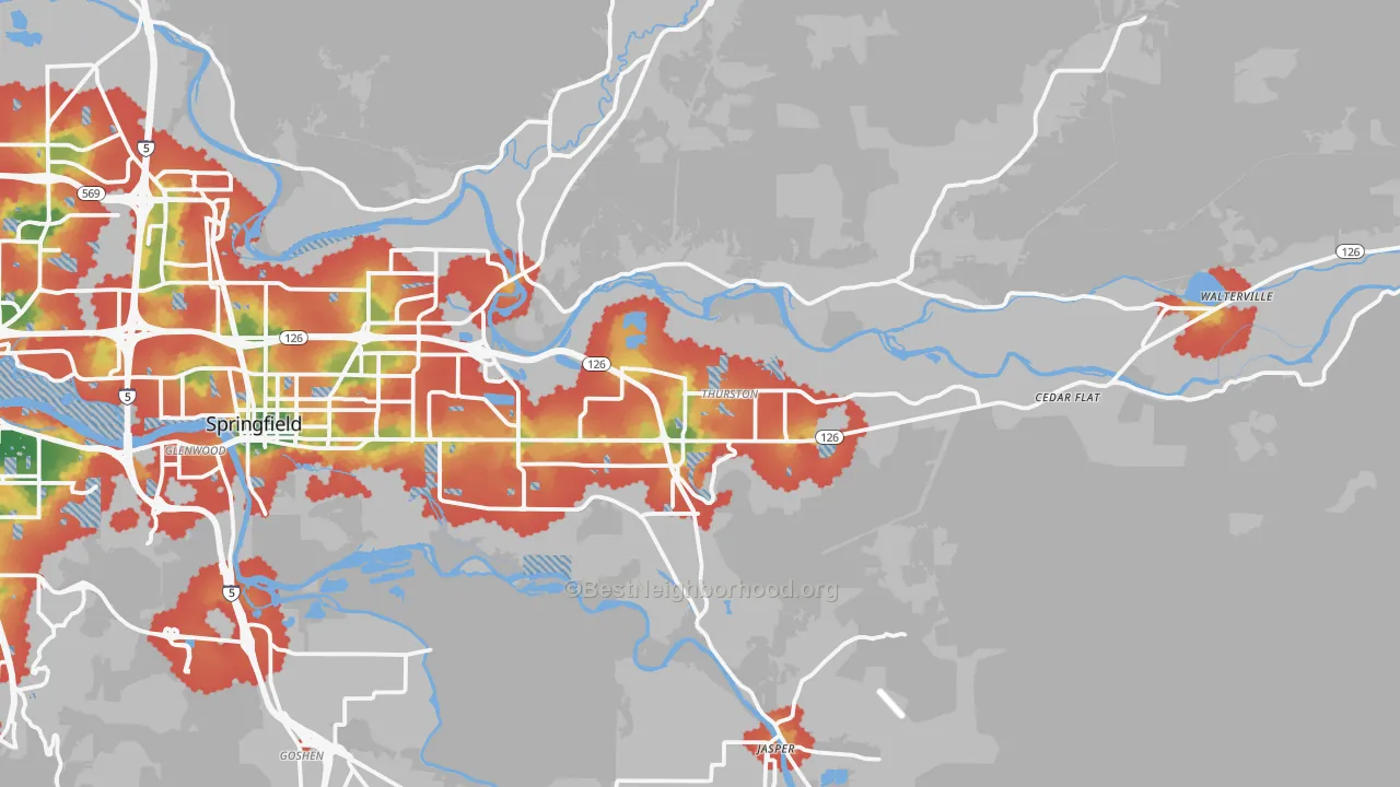 Walk Grade map of 97478, OR, walkable areas in green and car-dependent areas in red