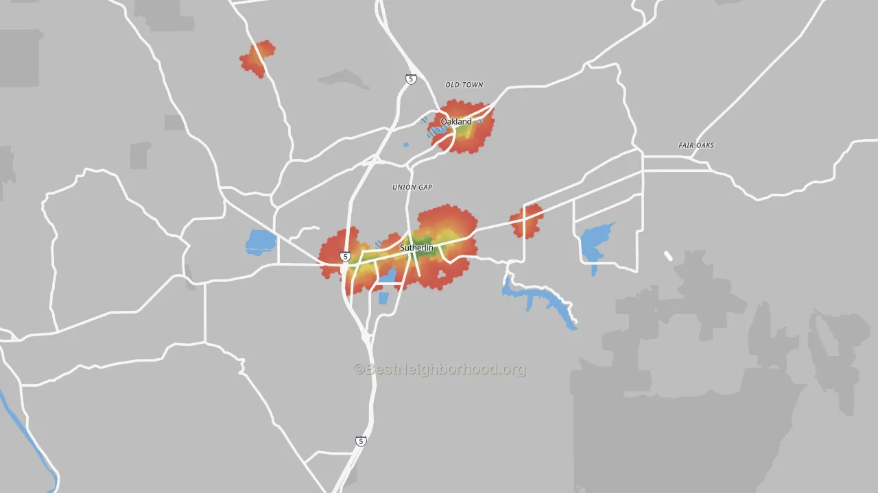 Walk Grade map of 97479, OR, walkable areas in green and car-dependent areas in red