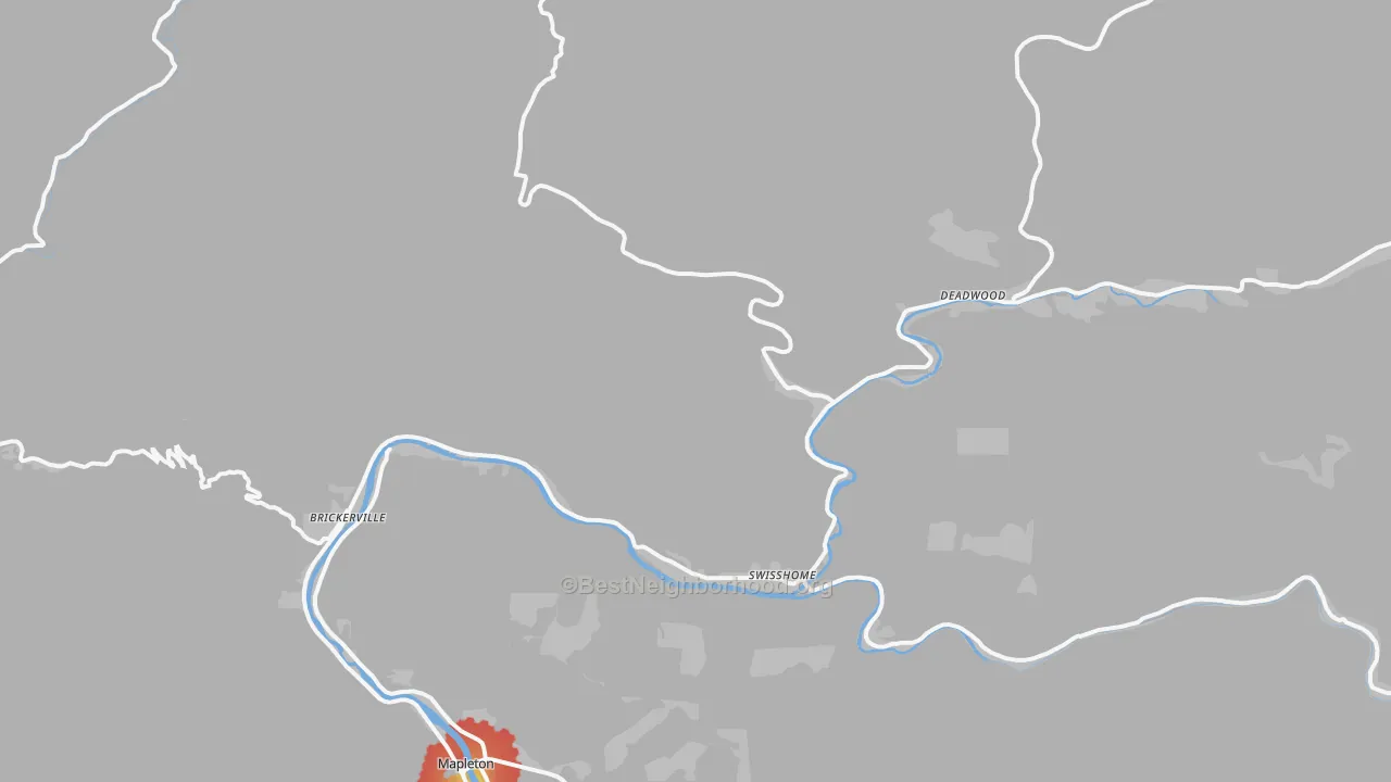 Walk Grade map of 97480, OR, walkable areas in green and car-dependent areas in red