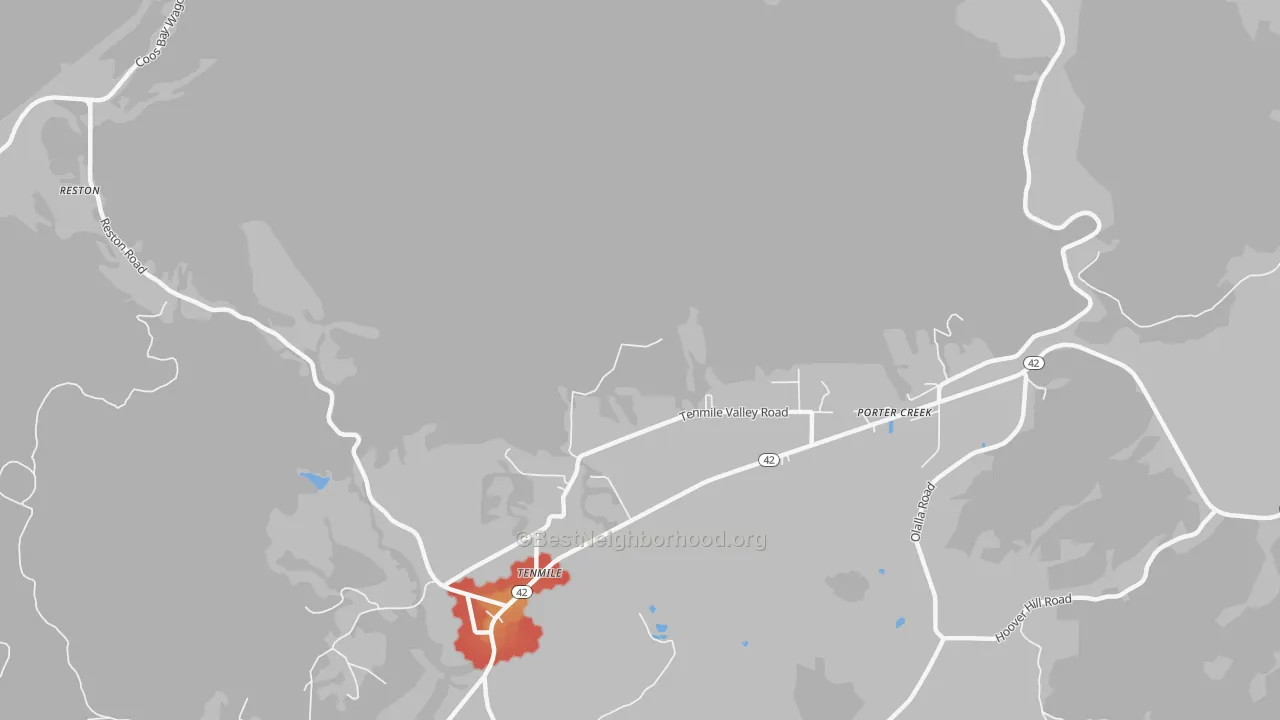 Walk Grade map of 97481, OR, walkable areas in green and car-dependent areas in red