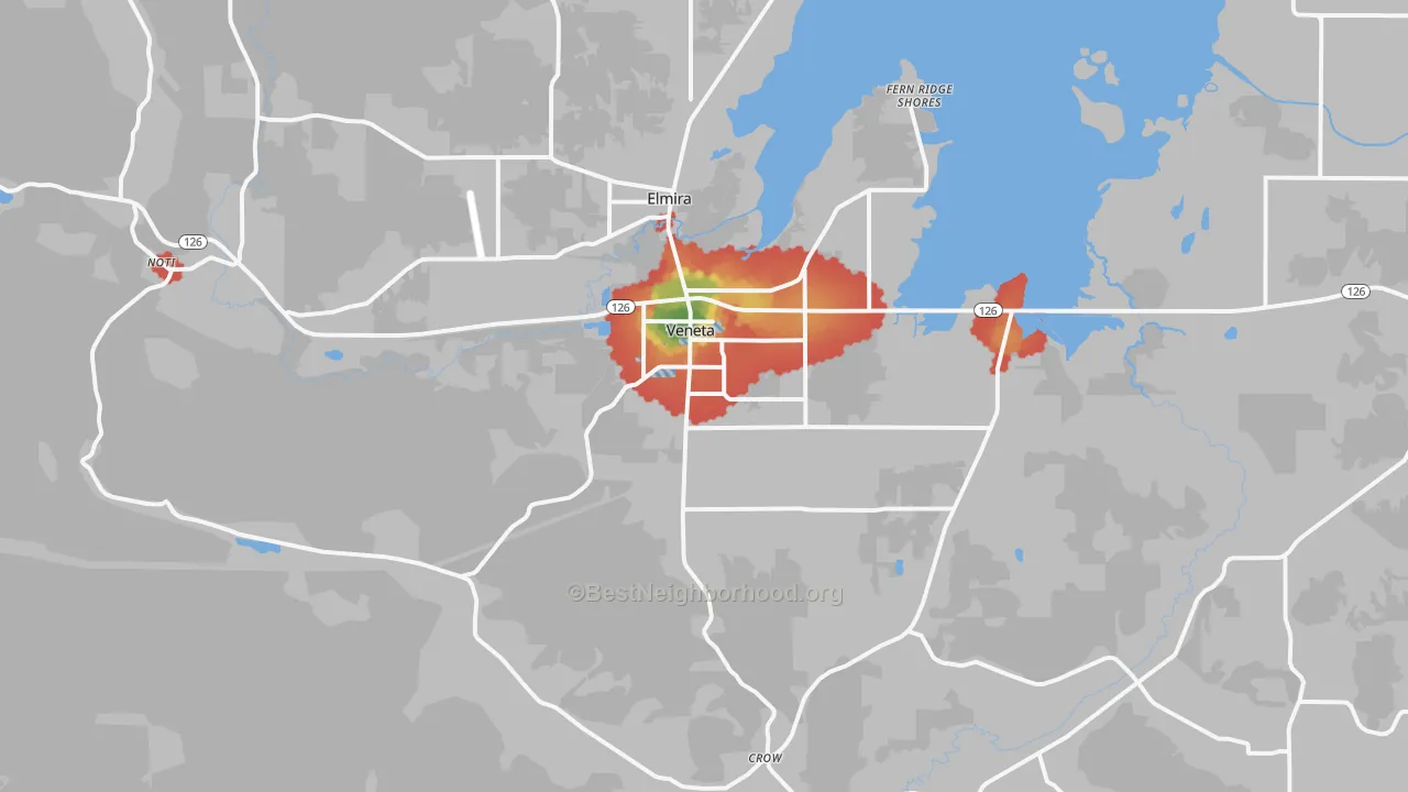 Walk Grade map of 97487, OR, walkable areas in green and car-dependent areas in red