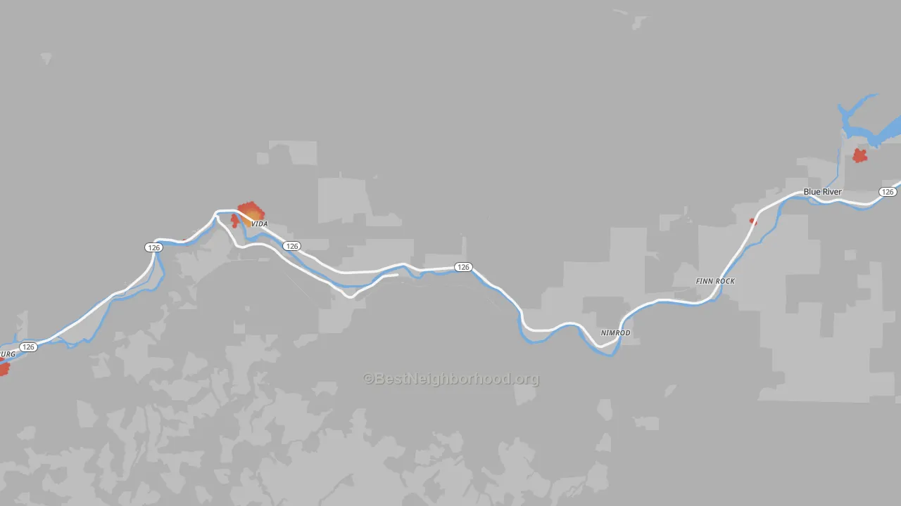 Walk Grade map of 97488, OR, walkable areas in green and car-dependent areas in red