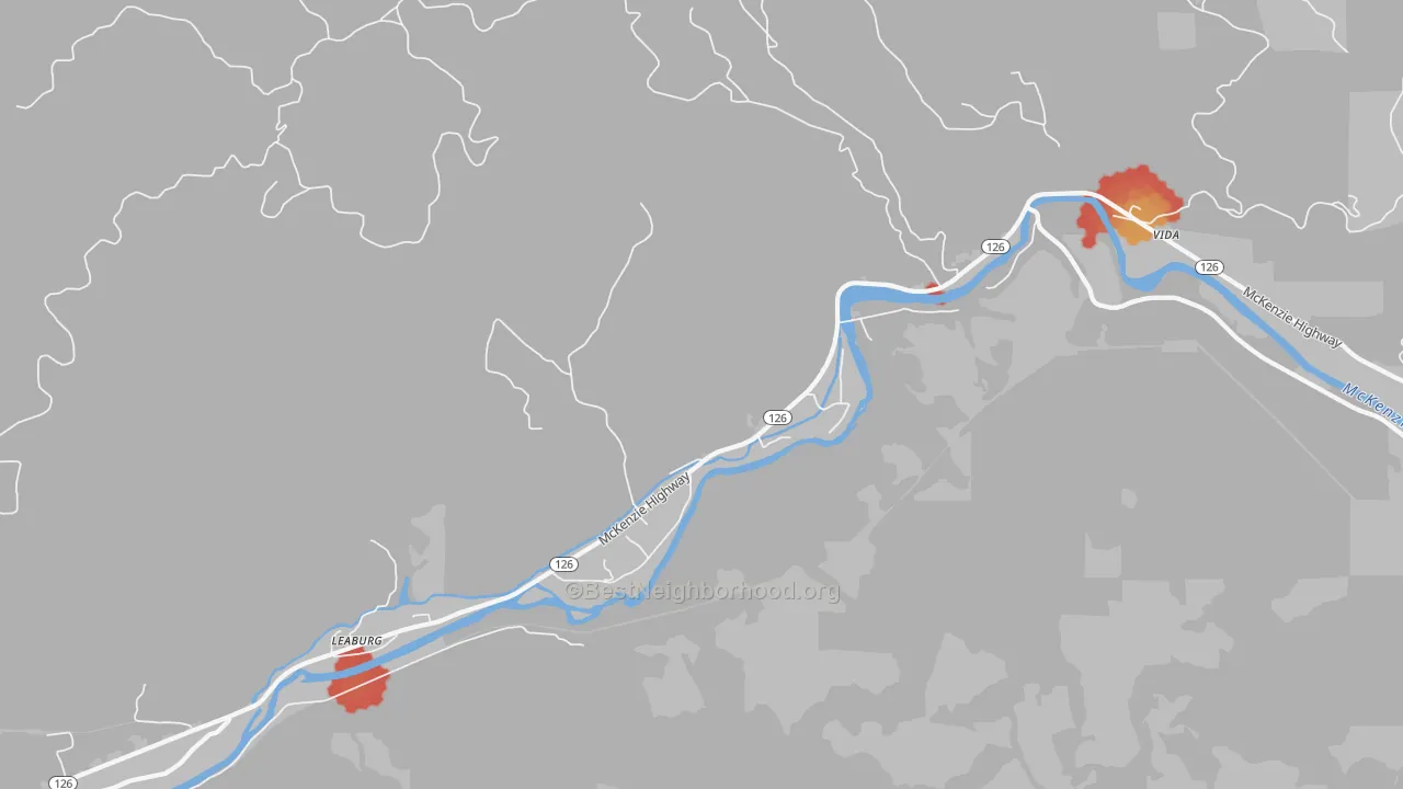 Walk Grade map of 97489, OR, walkable areas in green and car-dependent areas in red