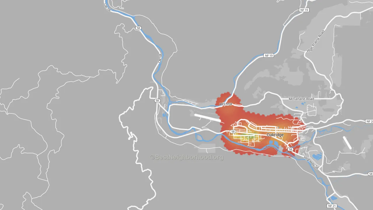 Walk Grade map of 97492, OR, walkable areas in green and car-dependent areas in red