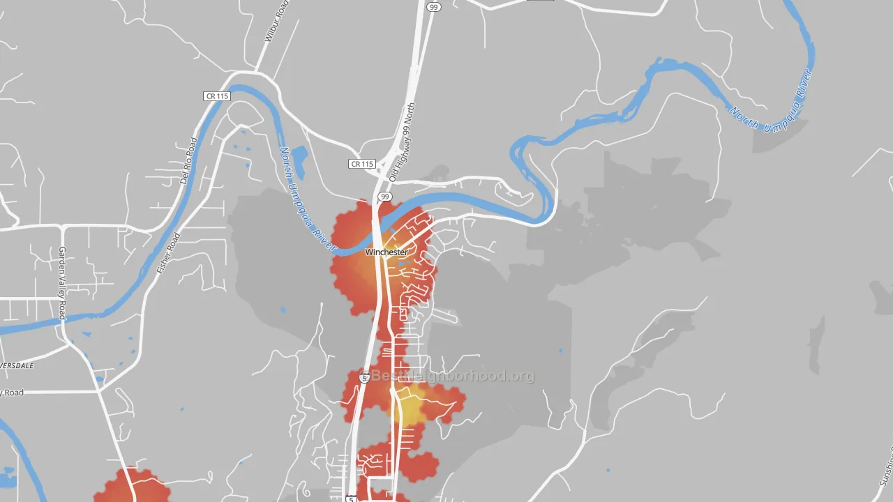 Walk Grade map of 97495, OR, walkable areas in green and car-dependent areas in red