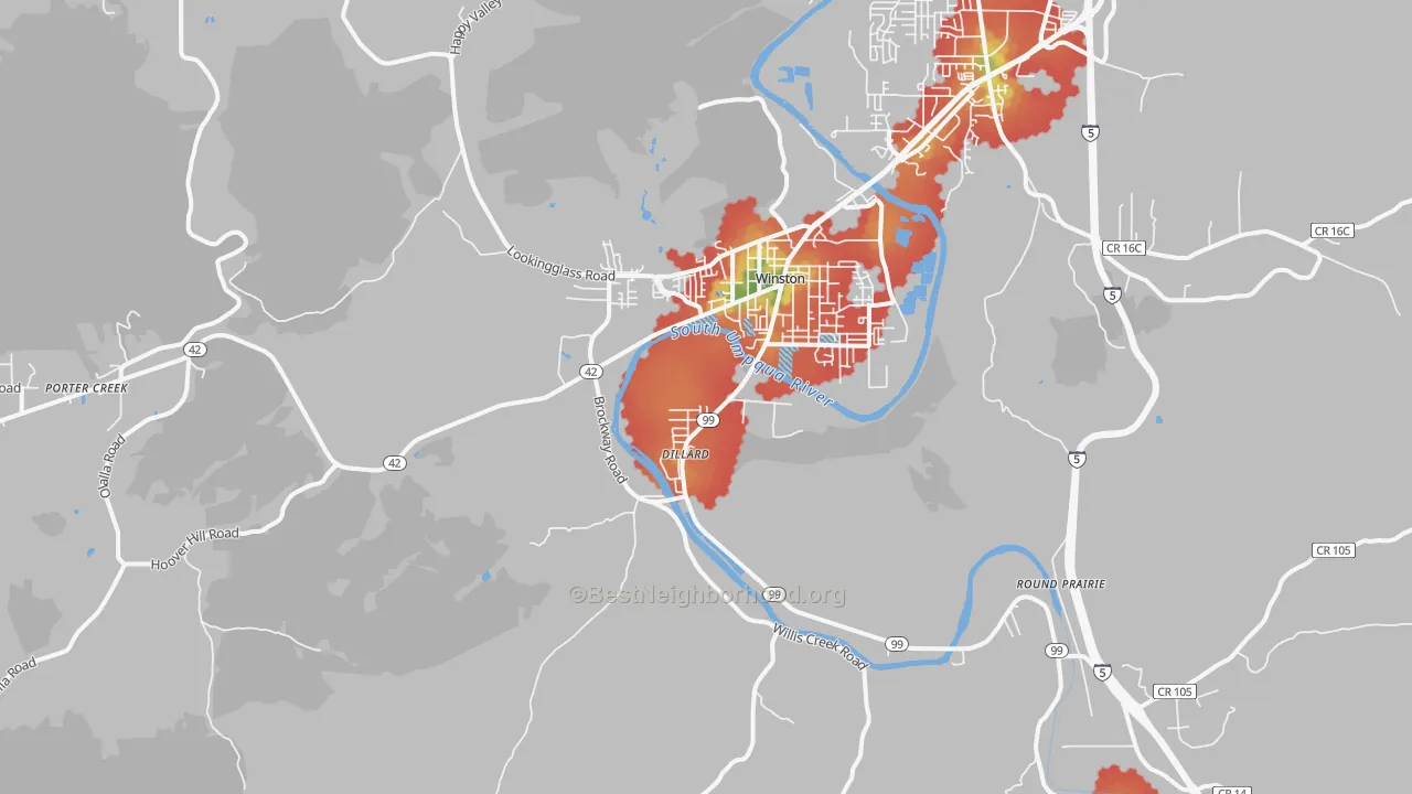 Walk Grade map of 97496, OR, walkable areas in green and car-dependent areas in red