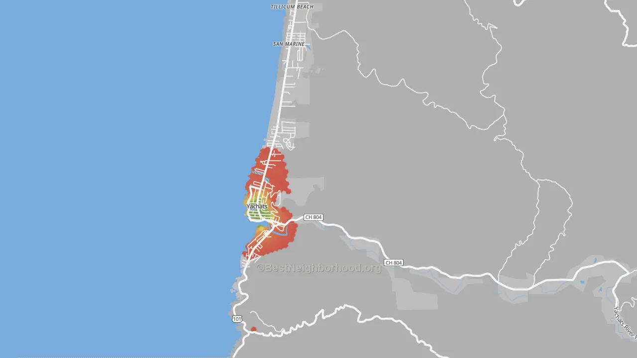Walk Grade map of 97498, OR, walkable areas in green and car-dependent areas in red