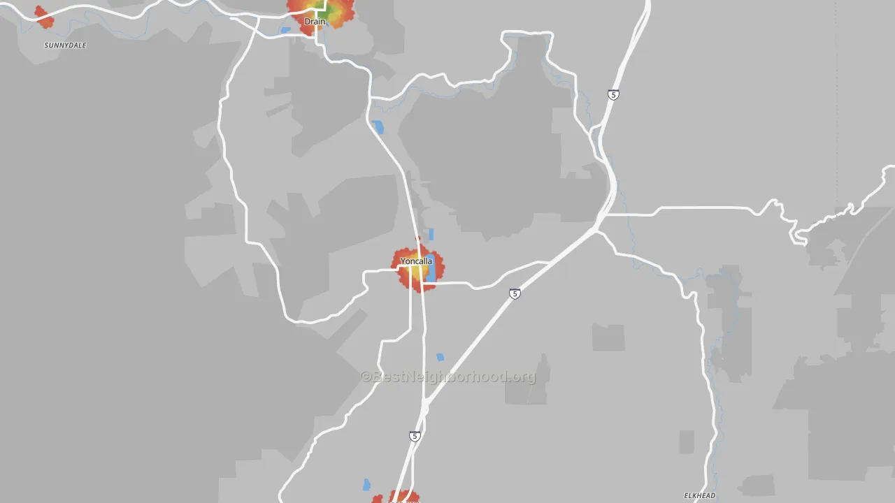 Walk Grade map of 97499, OR, walkable areas in green and car-dependent areas in red