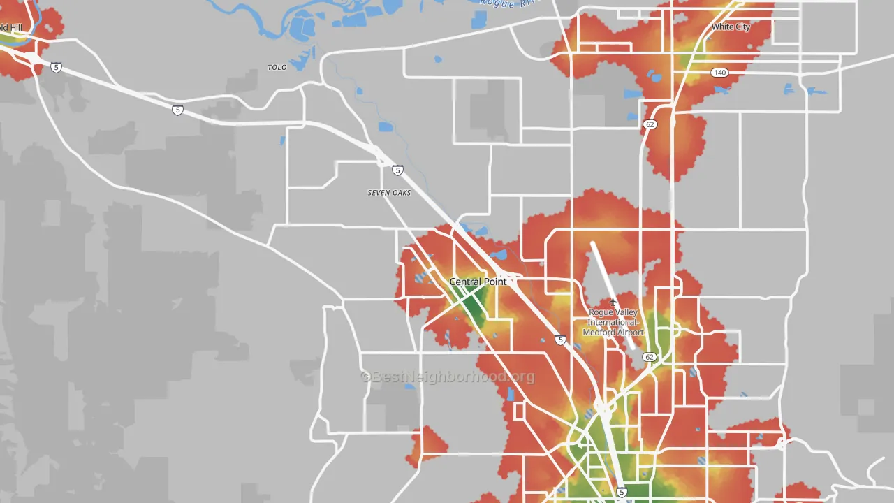 Walk Grade map of 97502, OR, walkable areas in green and car-dependent areas in red