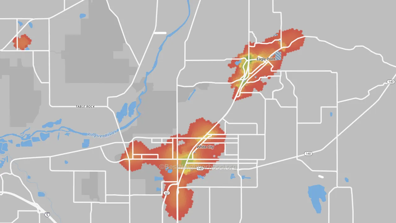 Walk Grade map of 97503, OR, walkable areas in green and car-dependent areas in red