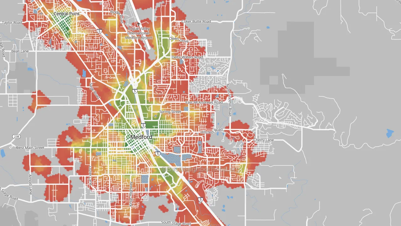 Walk Grade map of 97504, OR, walkable areas in green and car-dependent areas in red