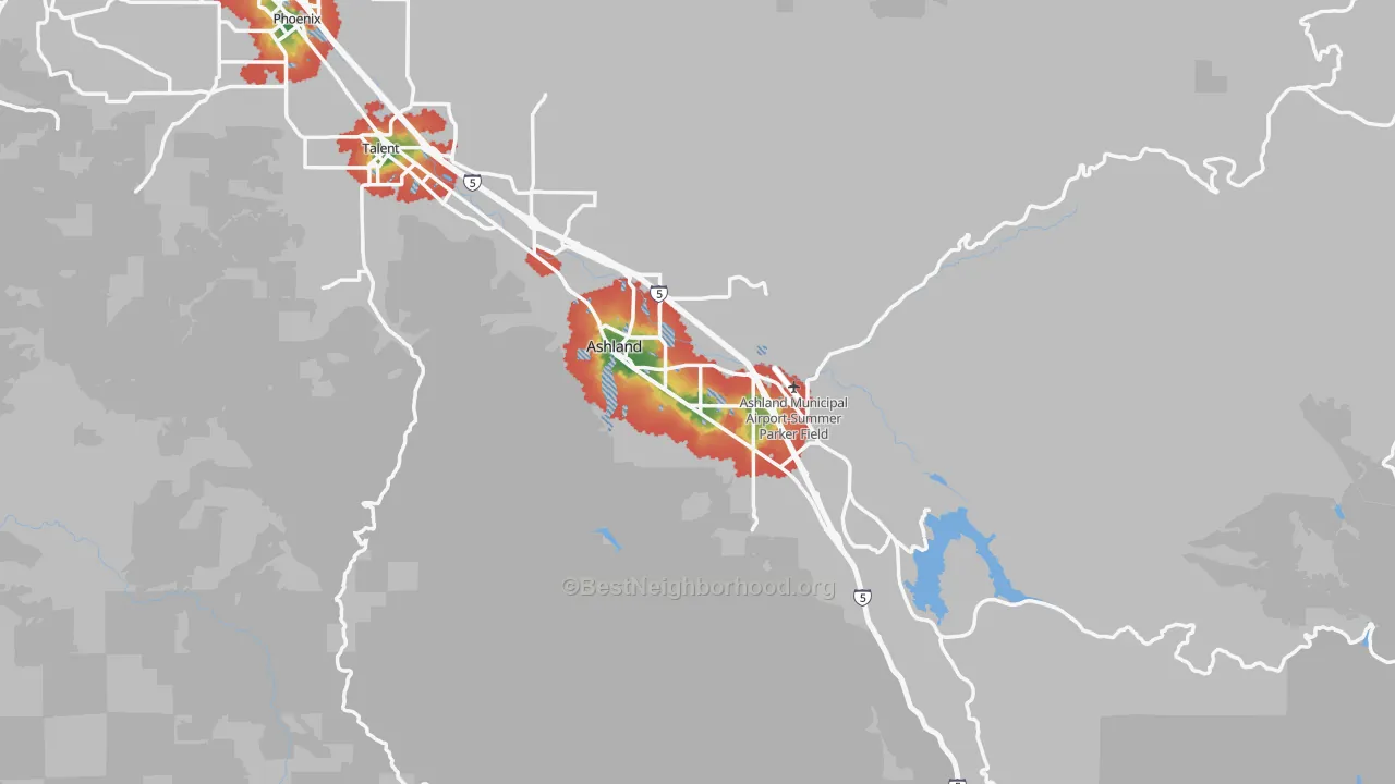 Walk Grade map of 97520, OR, walkable areas in green and car-dependent areas in red