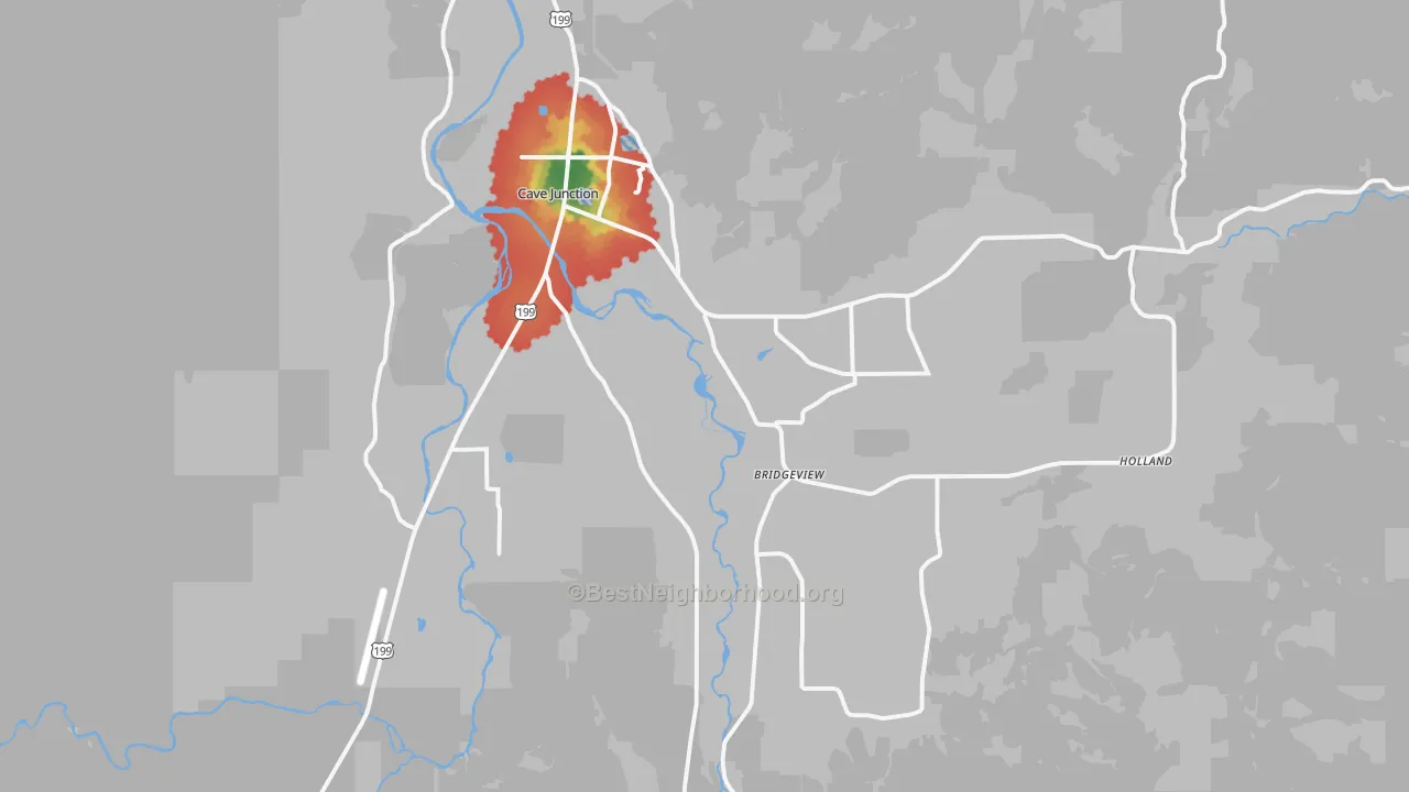 Walk Grade map of 97523, OR, walkable areas in green and car-dependent areas in red