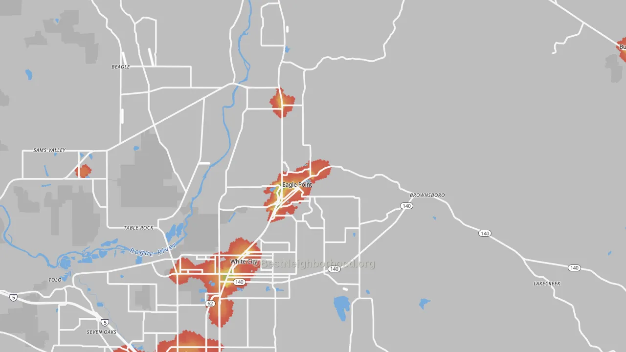 Walk Grade map of 97524, OR, walkable areas in green and car-dependent areas in red