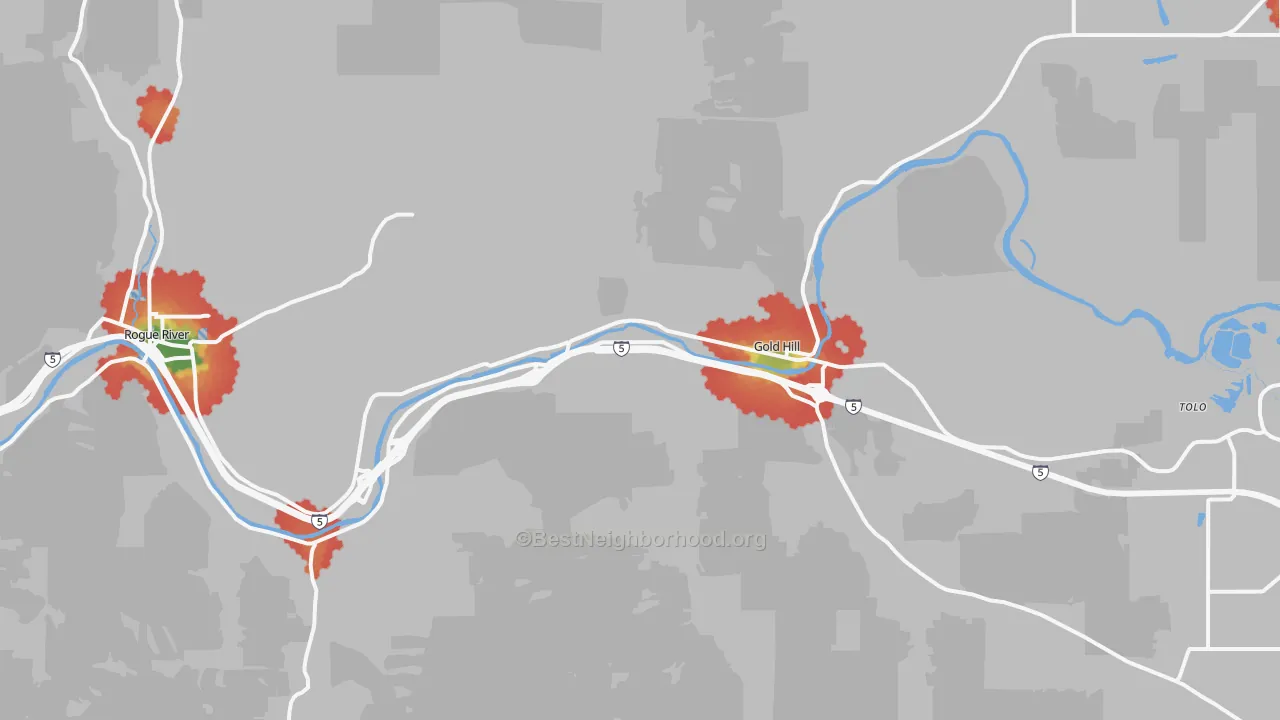 Walk Grade map of 97525, OR, walkable areas in green and car-dependent areas in red