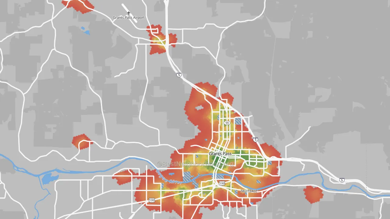 Walk Grade map of 97526, OR, walkable areas in green and car-dependent areas in red