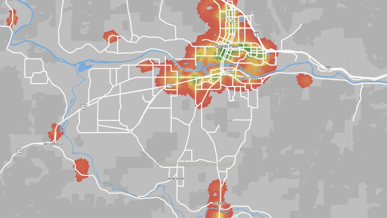 Walk Grade map of 97527, OR, walkable areas in green and car-dependent areas in red