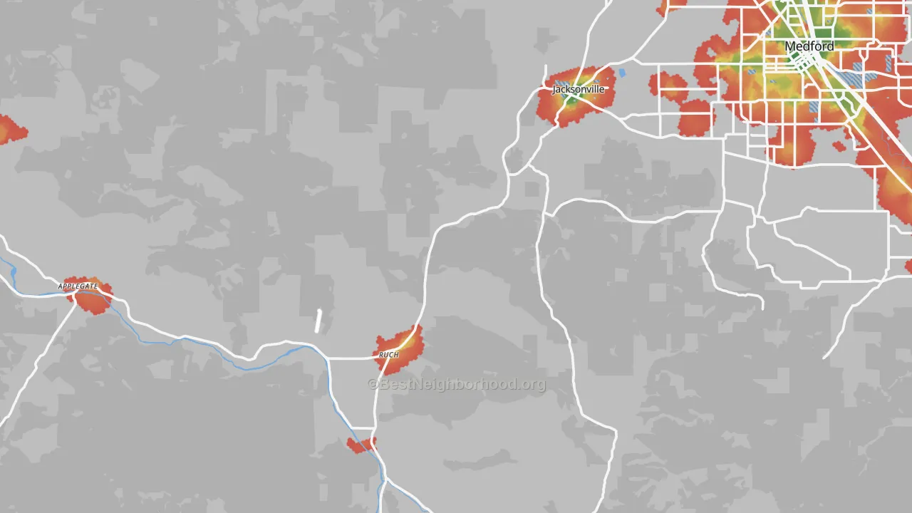 Walk Grade map of 97530, OR, walkable areas in green and car-dependent areas in red