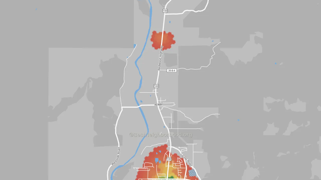 Walk Grade map of 97531, OR, walkable areas in green and car-dependent areas in red