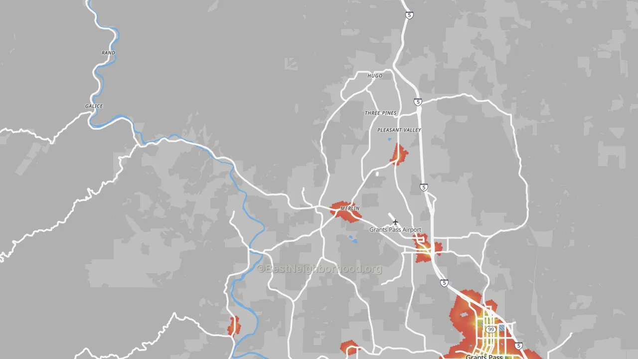 Walk Grade map of 97532, OR, walkable areas in green and car-dependent areas in red