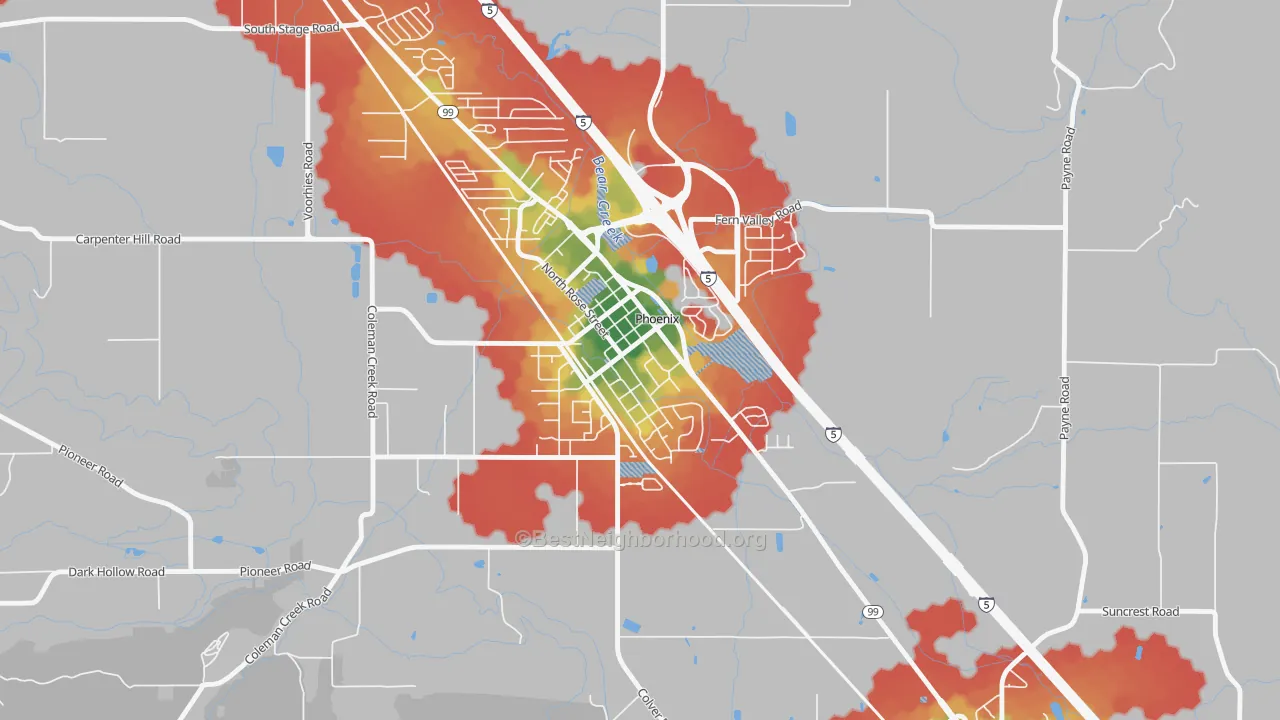 Walk Grade map of 97535, OR, walkable areas in green and car-dependent areas in red