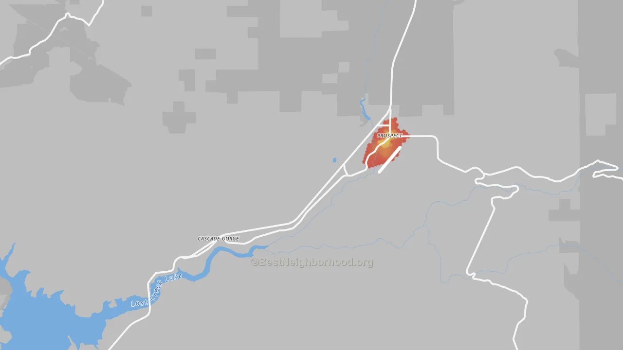 Walk Grade map of 97536, OR, walkable areas in green and car-dependent areas in red