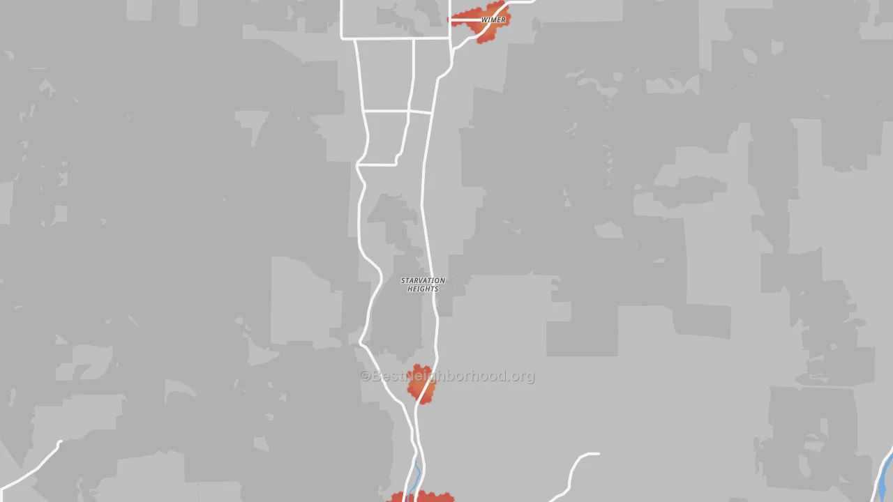 Walk Grade map of 97537, OR, walkable areas in green and car-dependent areas in red