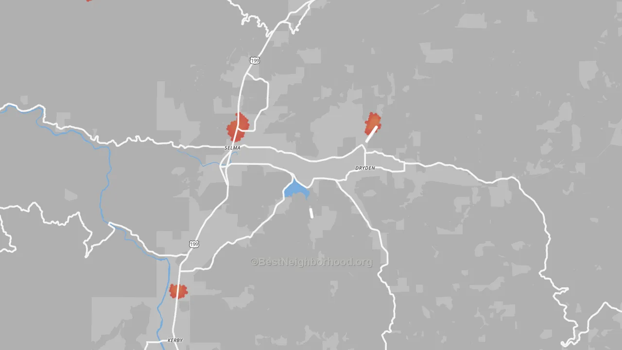 Walk Grade map of 97538, OR, walkable areas in green and car-dependent areas in red