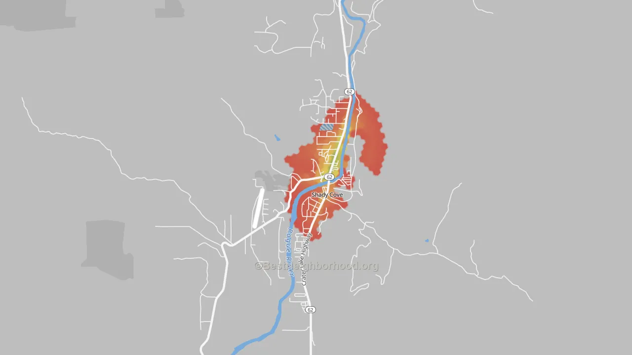 Walk Grade map of 97539, OR, walkable areas in green and car-dependent areas in red