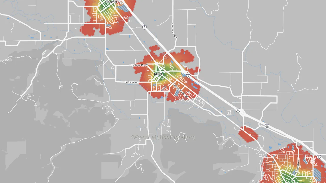 Walk Grade map of 97540, OR, walkable areas in green and car-dependent areas in red