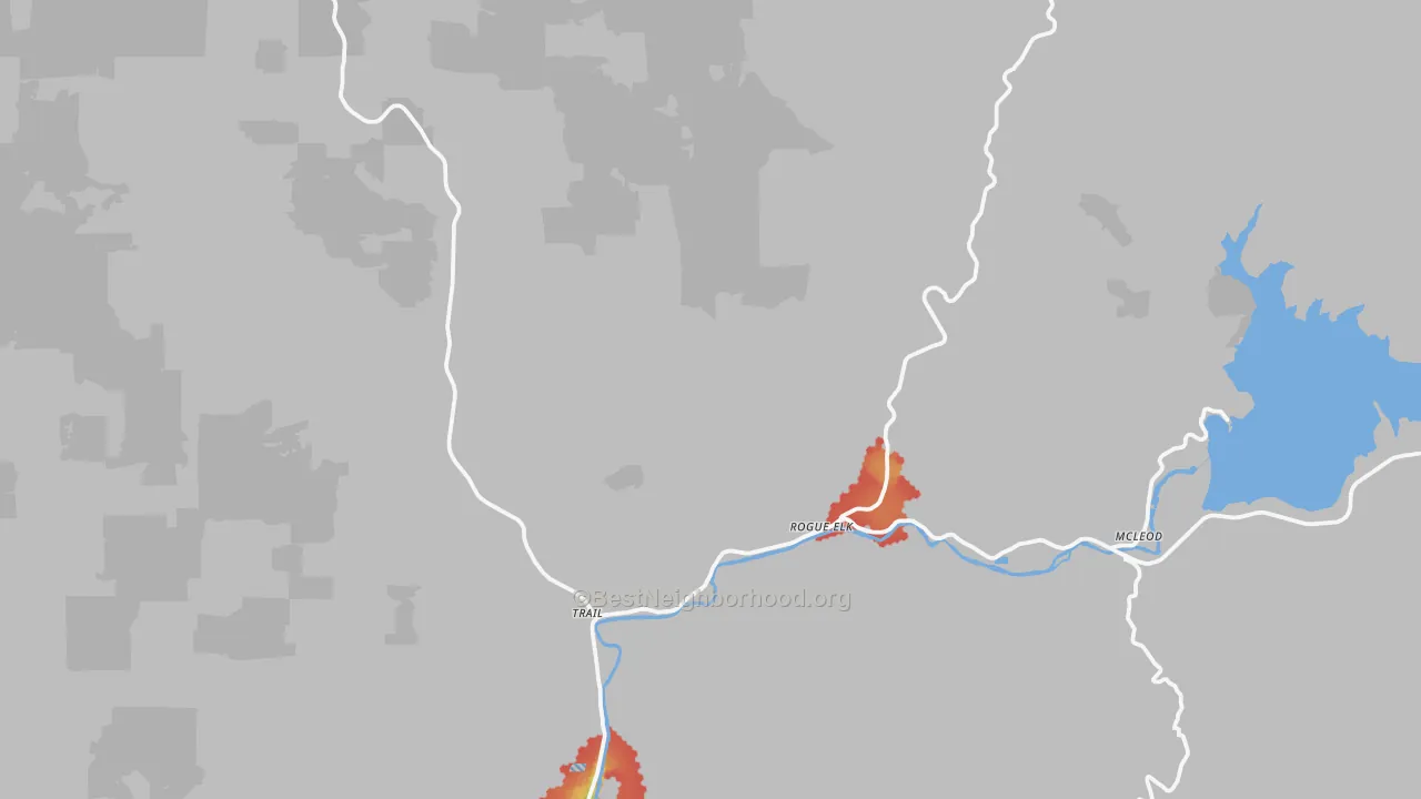 Walk Grade map of 97541, OR, walkable areas in green and car-dependent areas in red