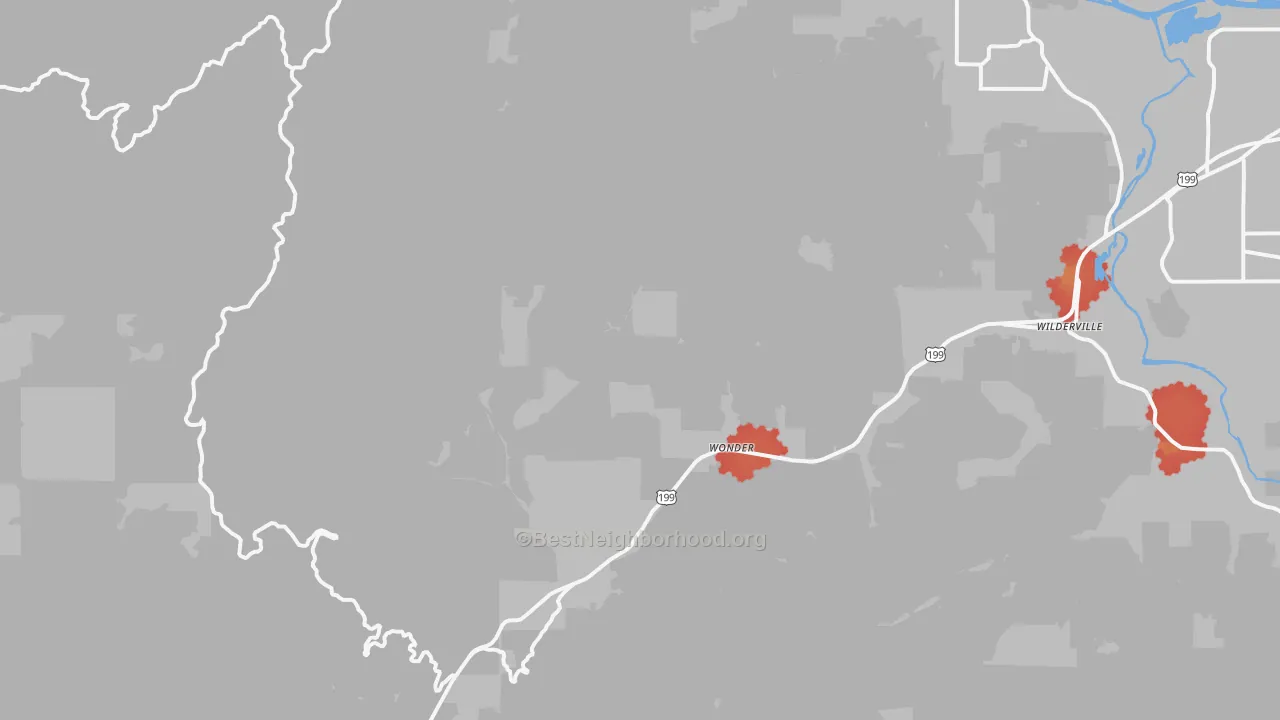 Walk Grade map of 97543, OR, walkable areas in green and car-dependent areas in red