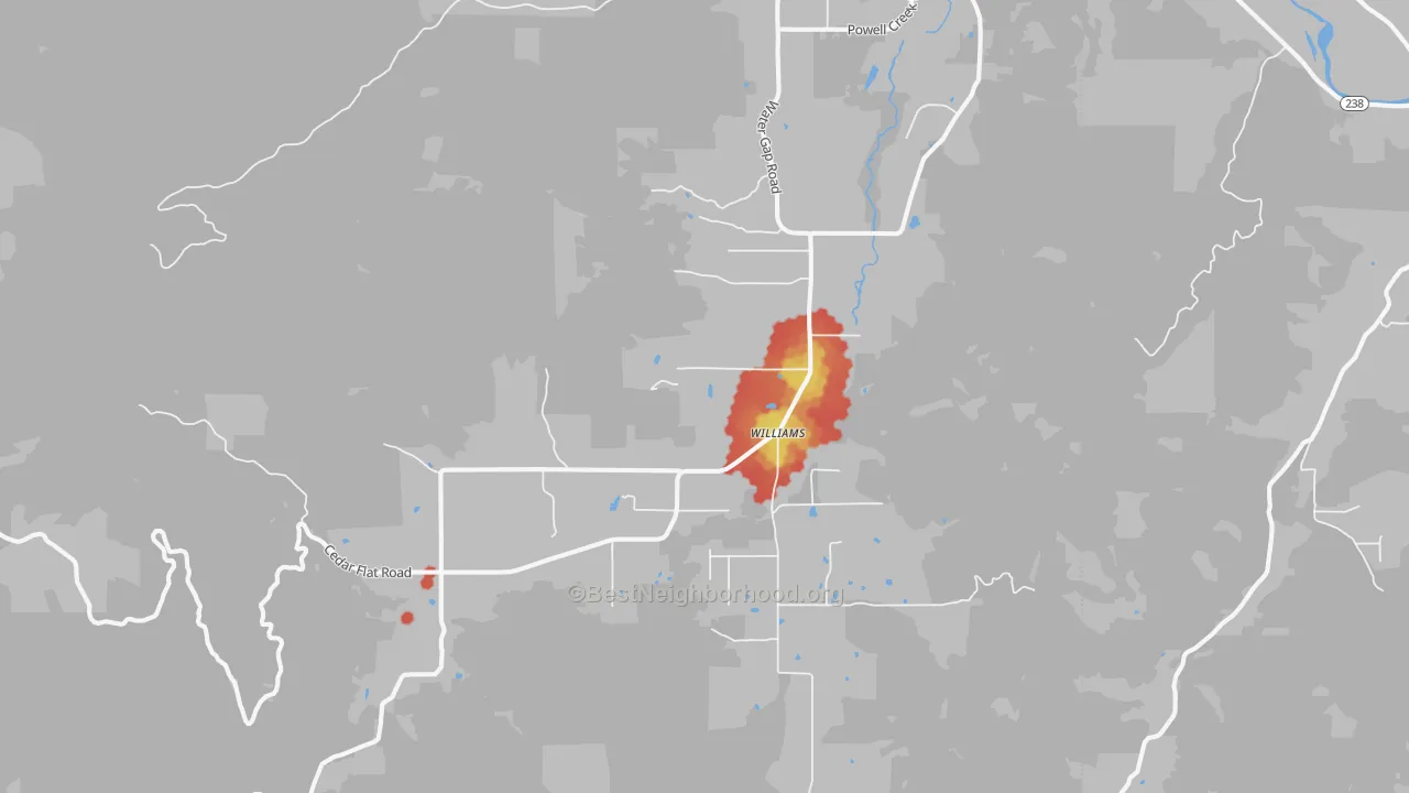 Walk Grade map of 97544, OR, walkable areas in green and car-dependent areas in red