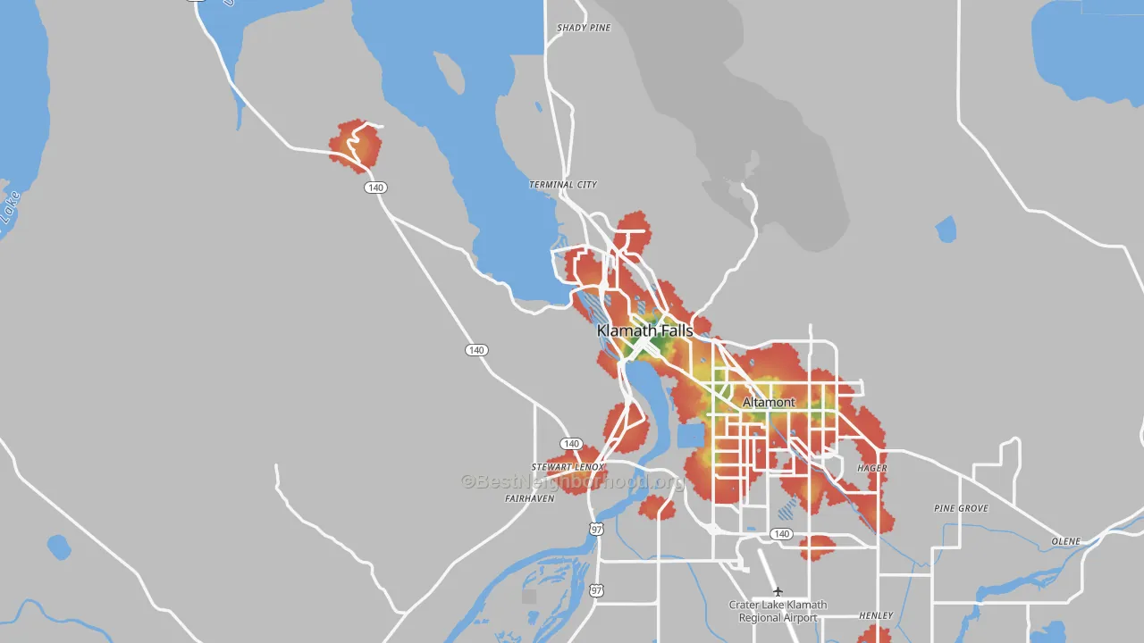 Walk Grade map of 97601, OR, walkable areas in green and car-dependent areas in red