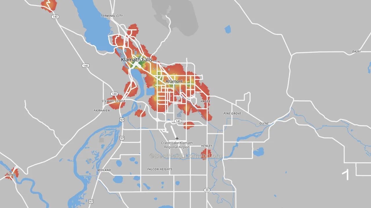 Walk Grade map of 97603, OR, walkable areas in green and car-dependent areas in red