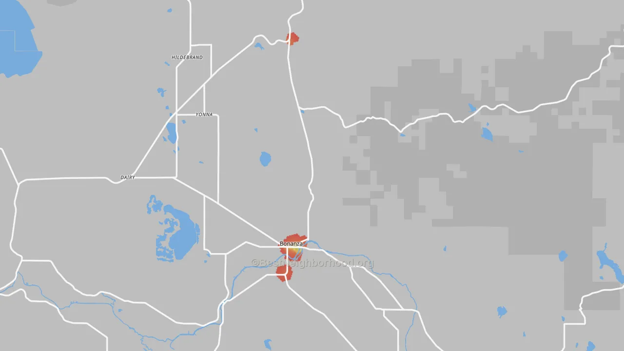 Walk Grade map of 97623, OR, walkable areas in green and car-dependent areas in red