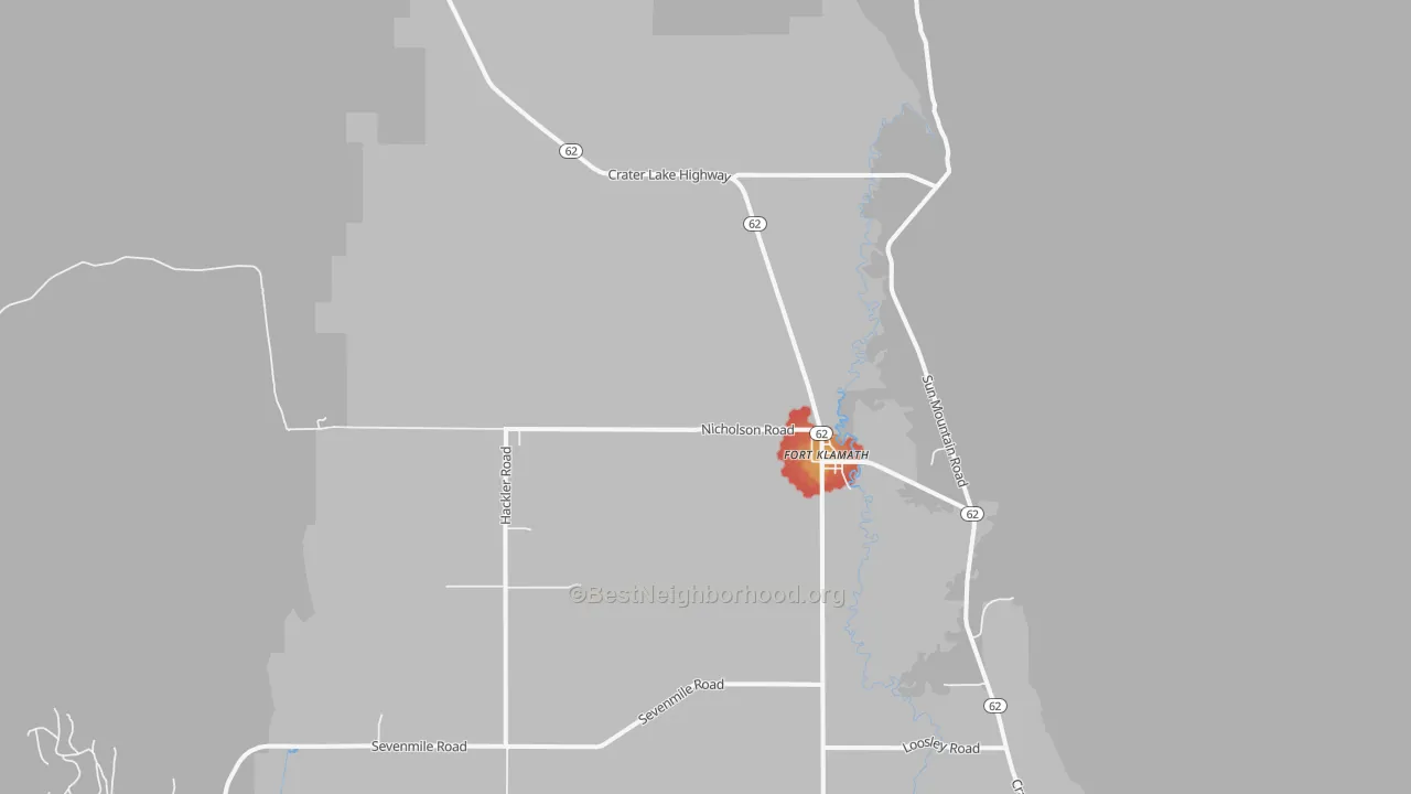 Walk Grade map of 97626, OR, walkable areas in green and car-dependent areas in red