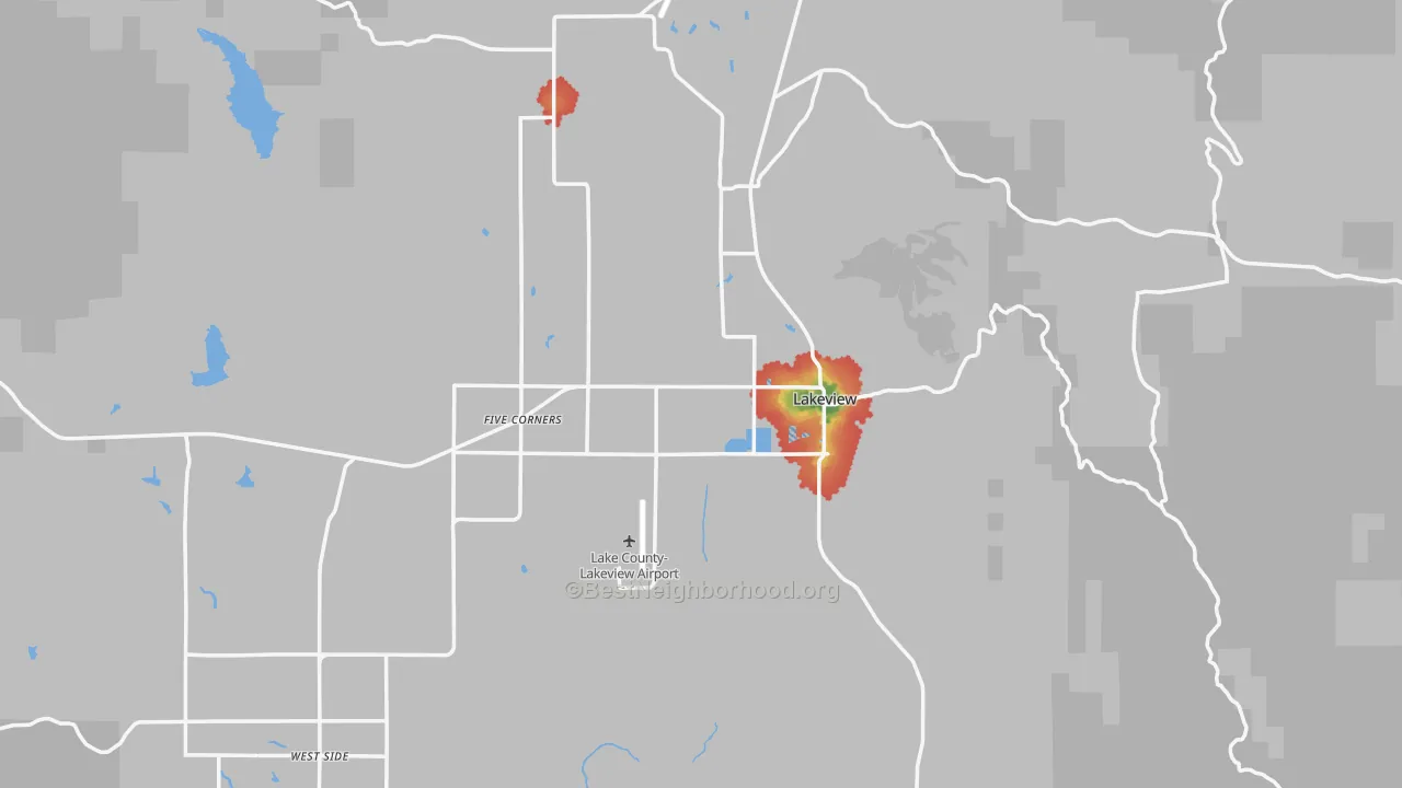 Walk Grade map of 97630, OR, walkable areas in green and car-dependent areas in red