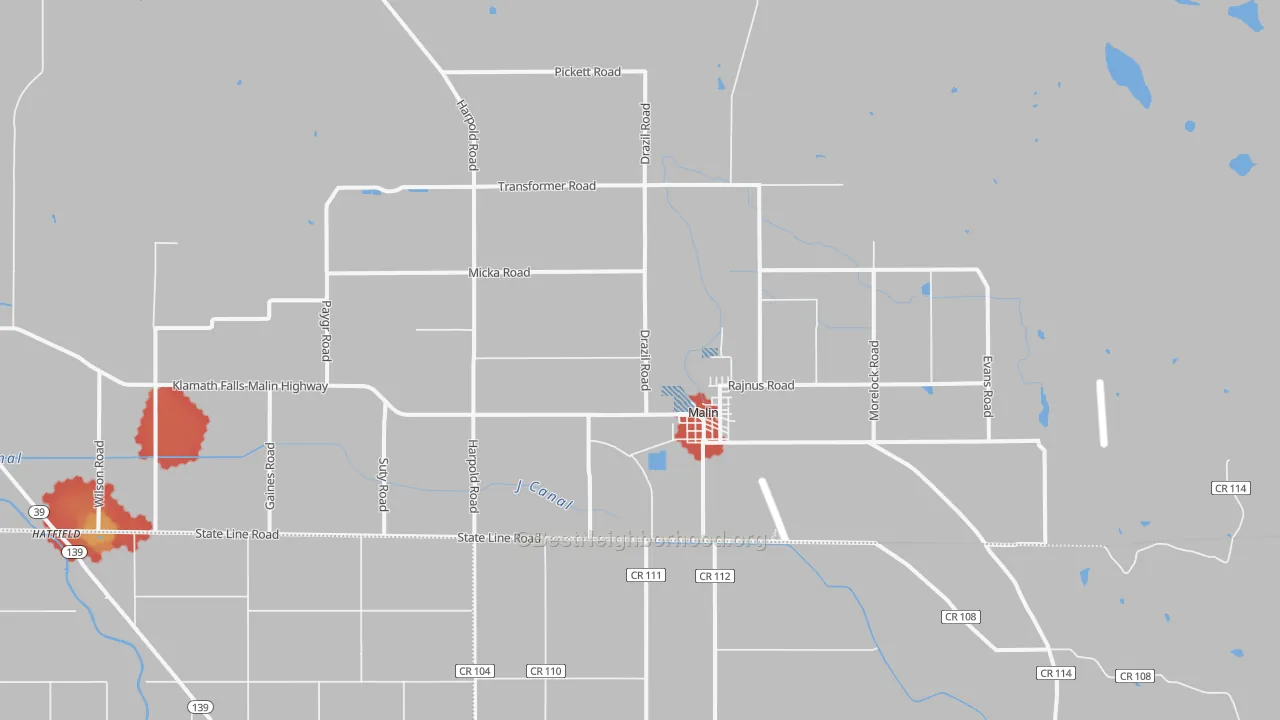 Walk Grade map of 97632, OR, walkable areas in green and car-dependent areas in red