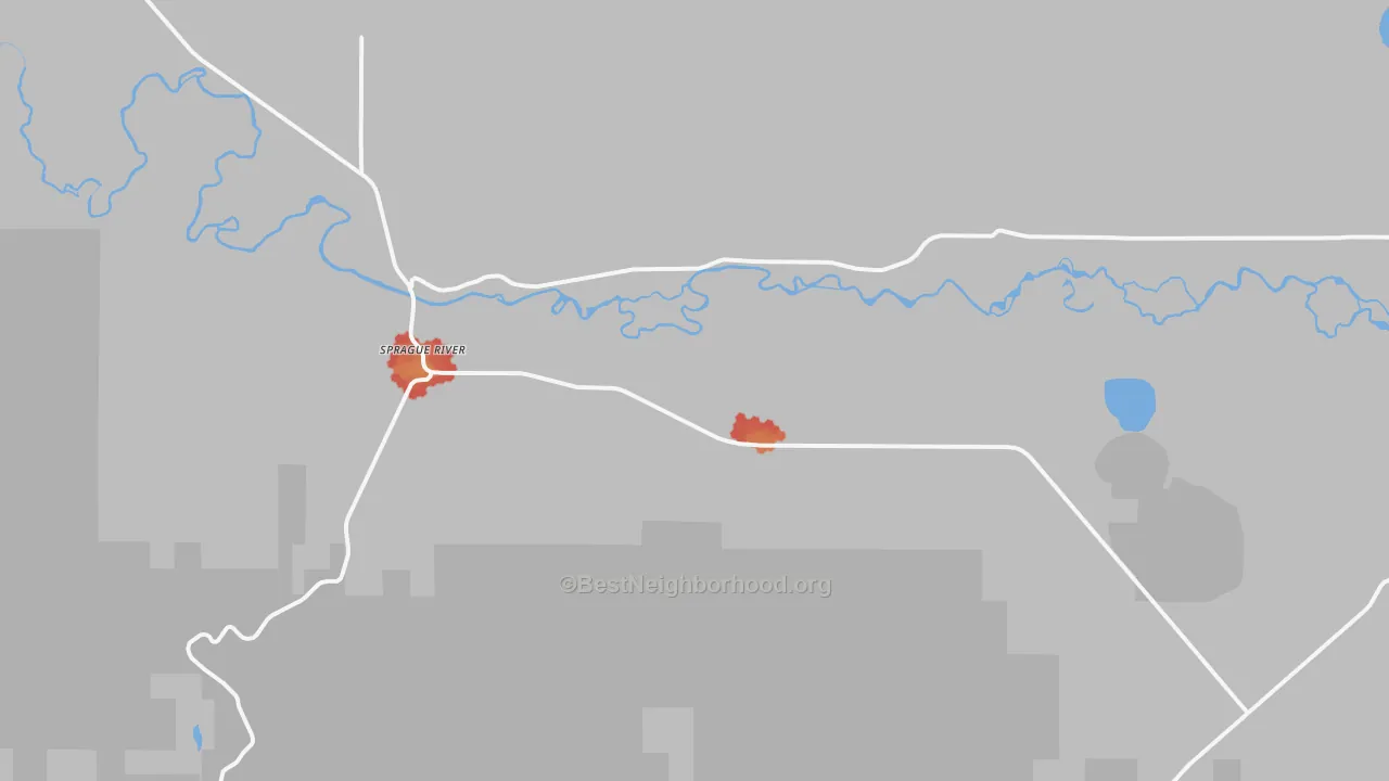 Walk Grade map of 97639, OR, walkable areas in green and car-dependent areas in red