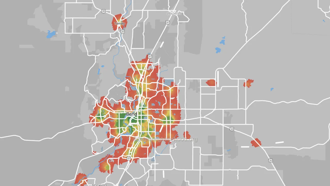 Walk Grade map of 97701, OR, walkable areas in green and car-dependent areas in red