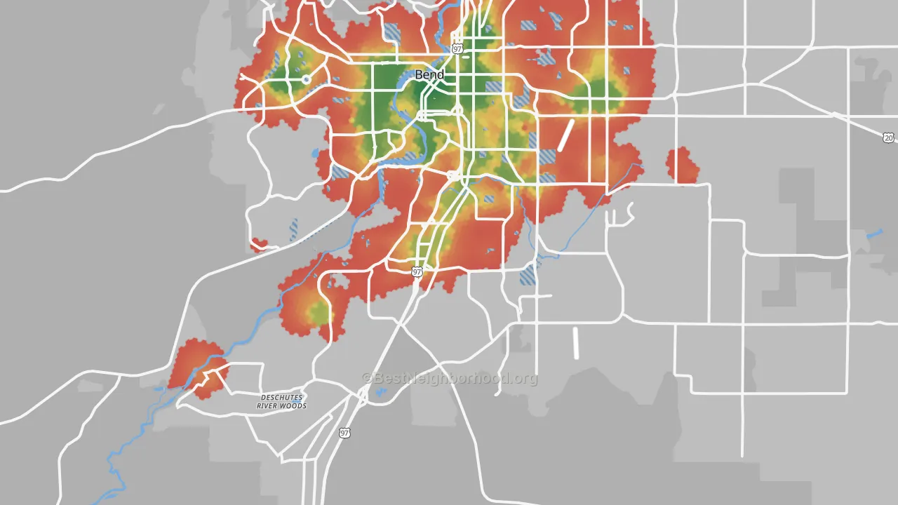 Walk Grade map of 97702, OR, walkable areas in green and car-dependent areas in red