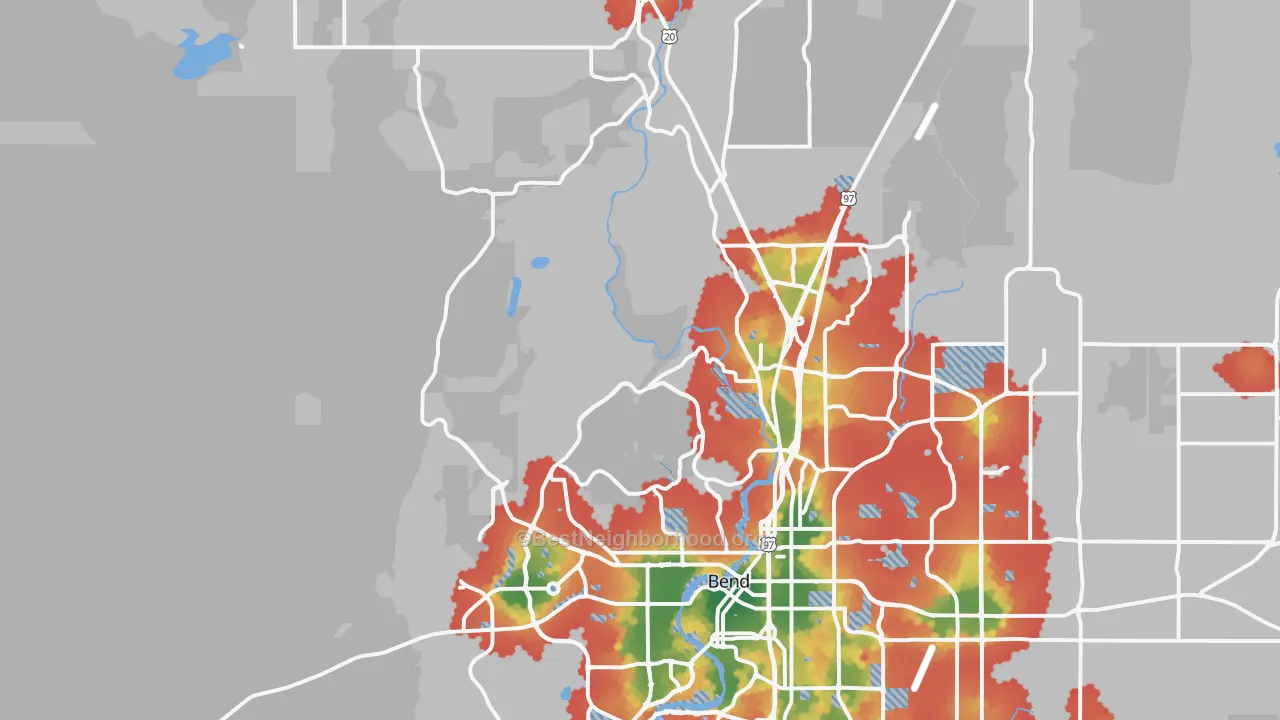 Walk Grade map of 97703, OR, walkable areas in green and car-dependent areas in red