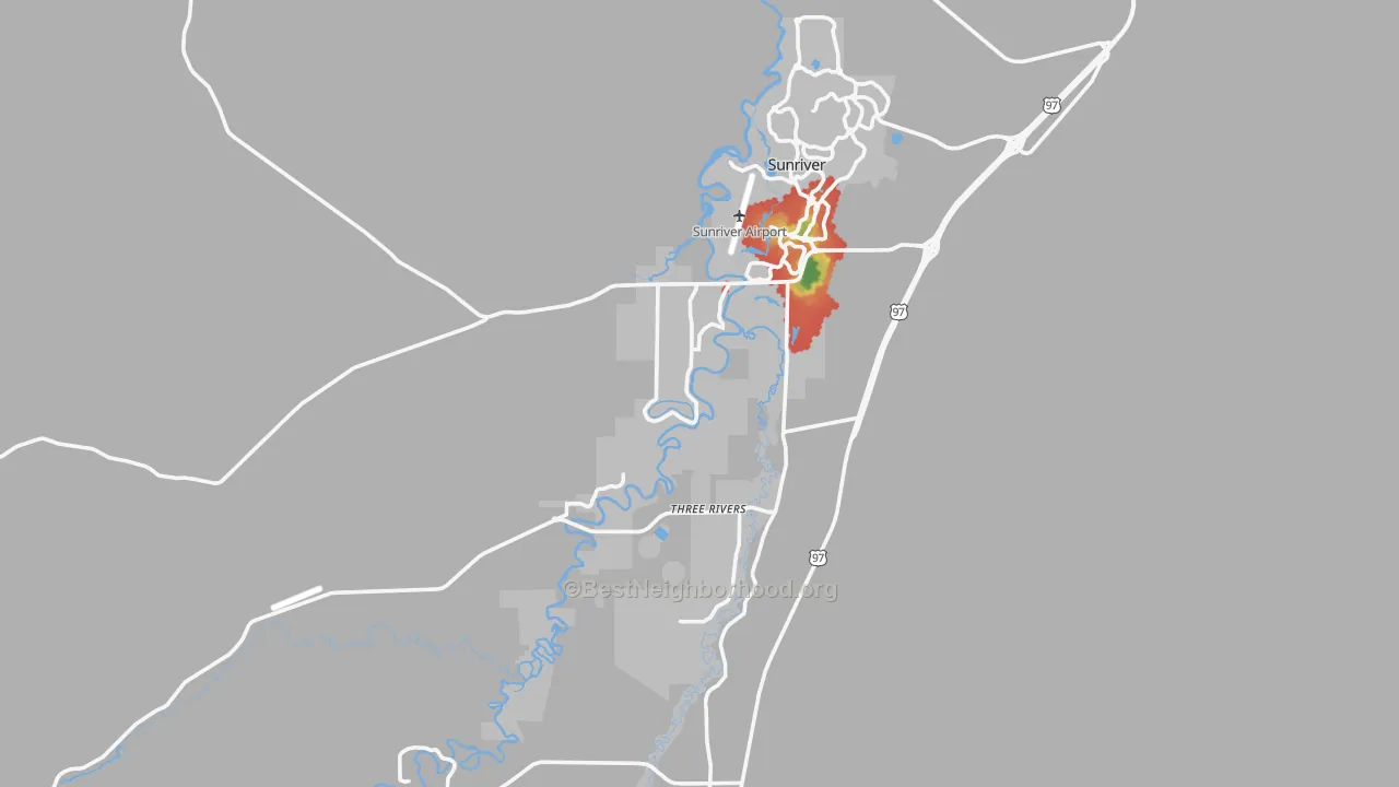 Walk Grade map of 97707, OR, walkable areas in green and car-dependent areas in red