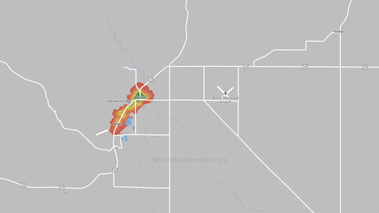 Walk Grade map of 97720, OR, walkable areas in green and car-dependent areas in red