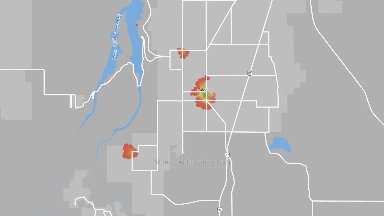 Walk Grade map of 97734, OR, walkable areas in green and car-dependent areas in red